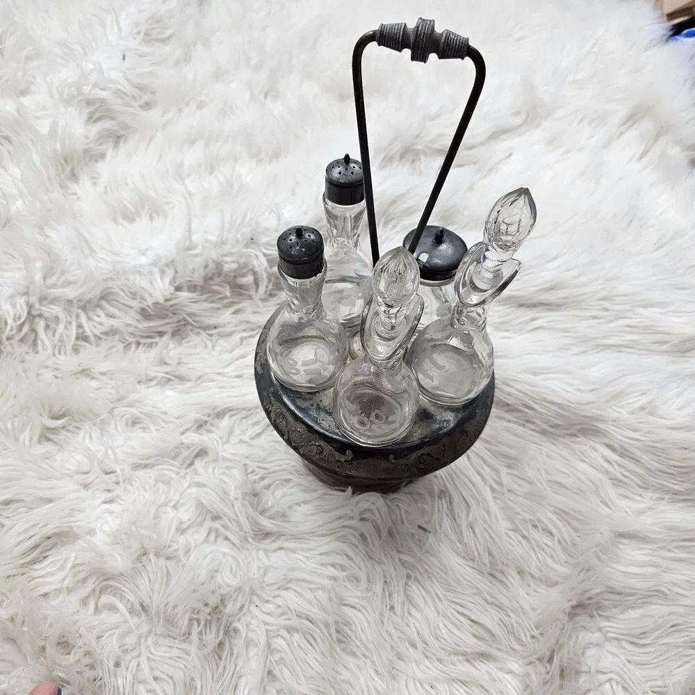 Victorian 6 Bottle Castor Cruet Set Silver Plate Condiment Etched Glass